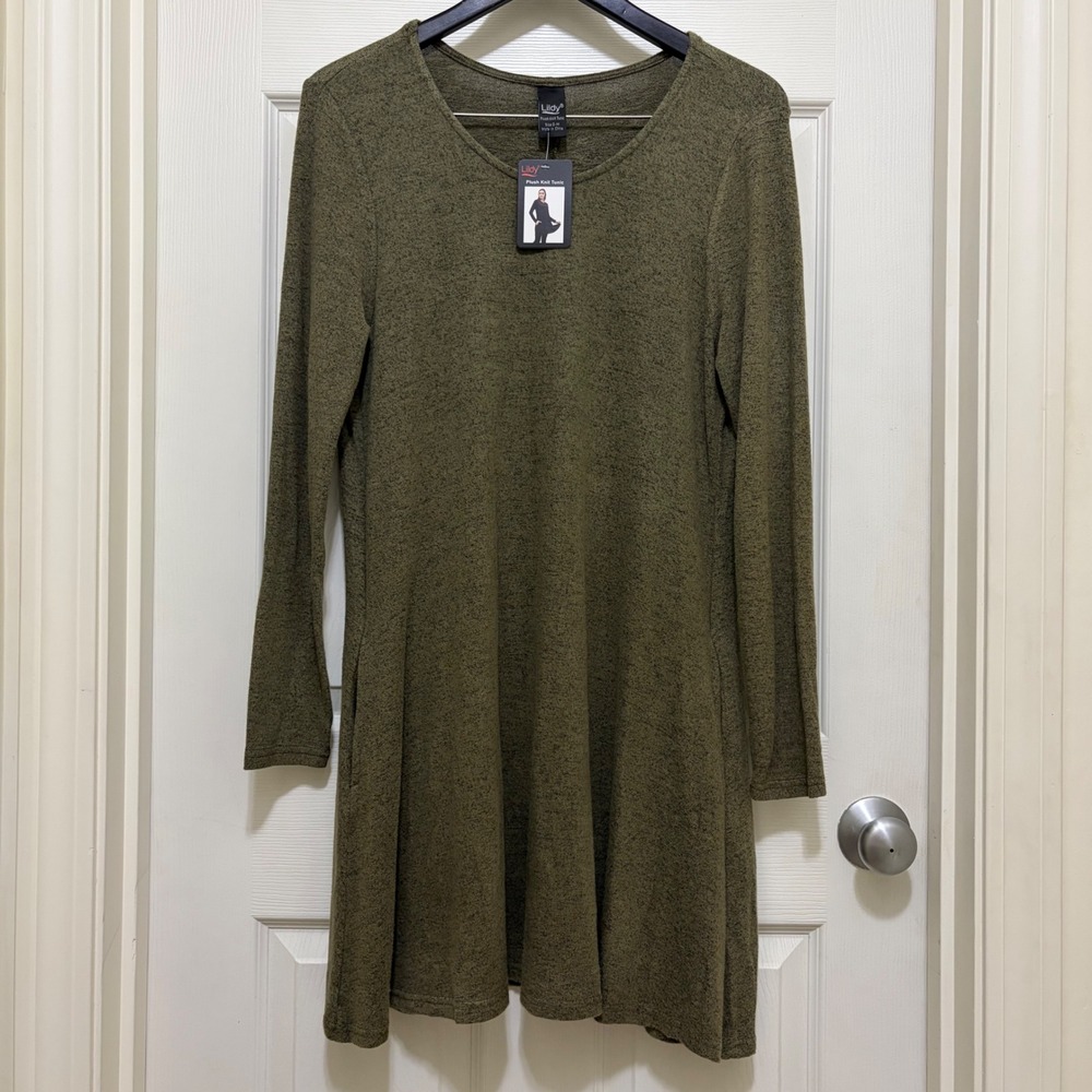 NEW Lildy Plush Knit Tunic Sweater Dress S M L Olive Green Pockets Fall Earthy